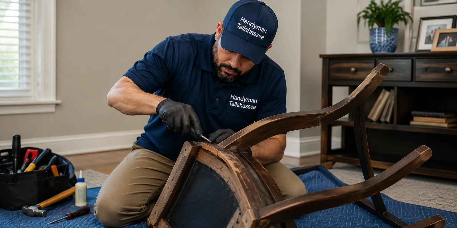 Handyman repairing a wooden chair in Tallahassee
