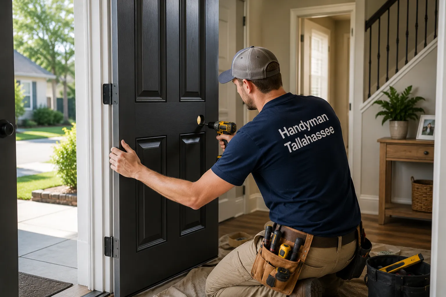 Handyman installing a new door in Tallahassee