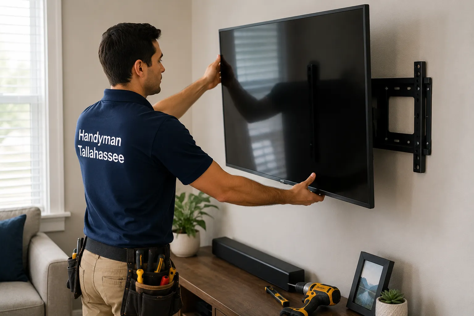 Handyman mounting a flat screen TV on the wall in Tallahassee