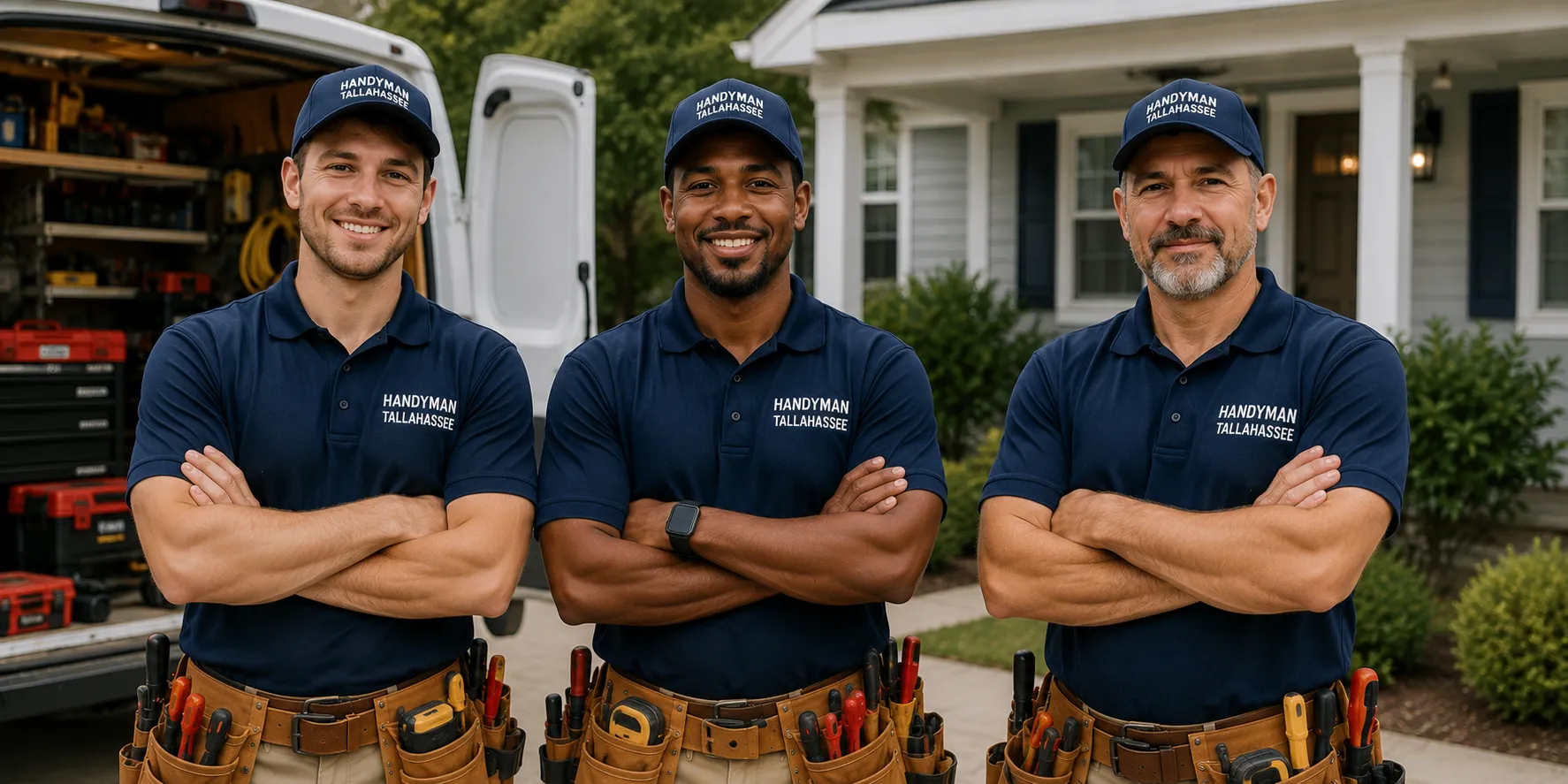 Licensed handyman team in Tallahassee standing in front of their service van