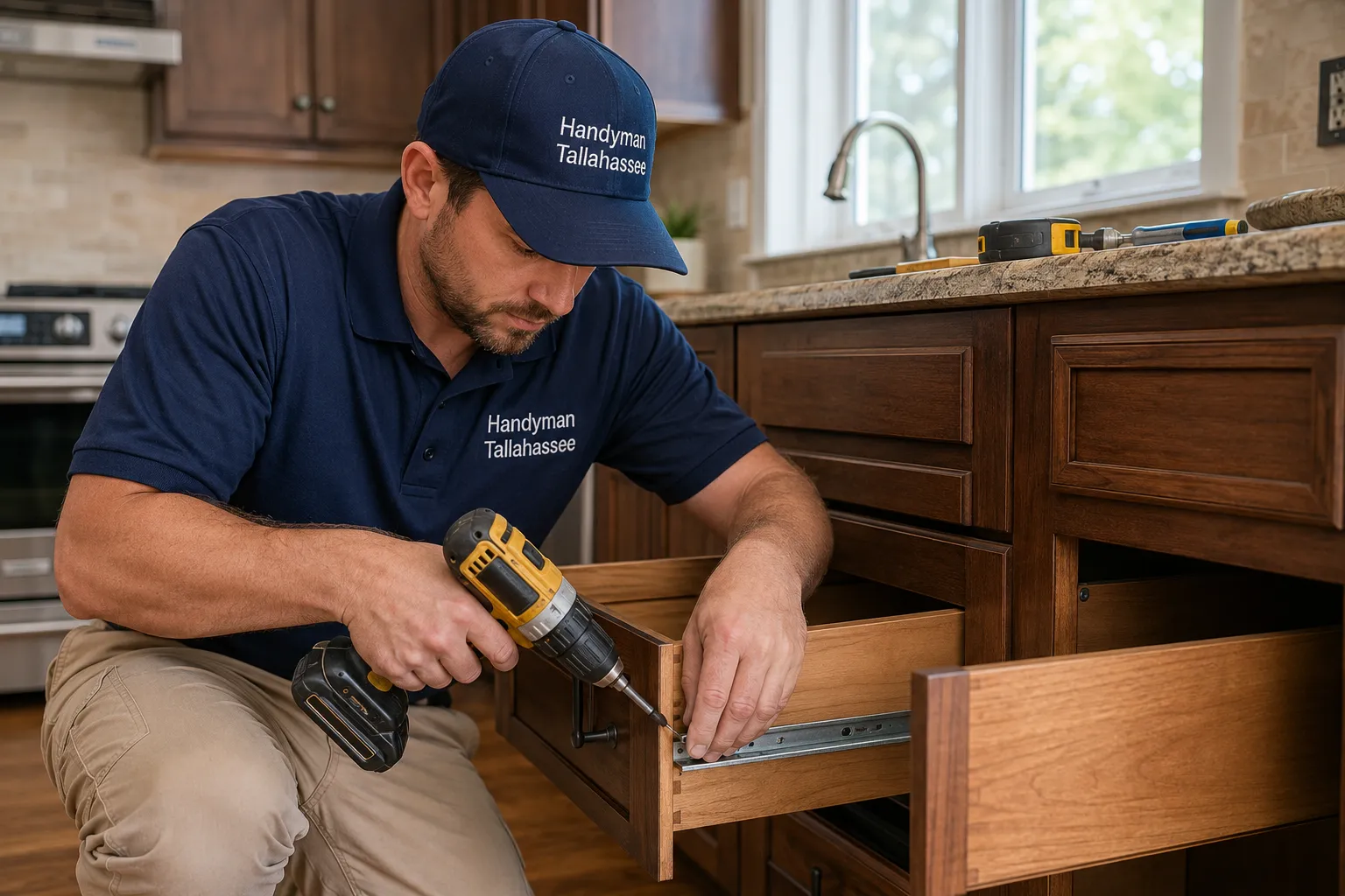 Drawer slide fix and cabinet door hinge repair