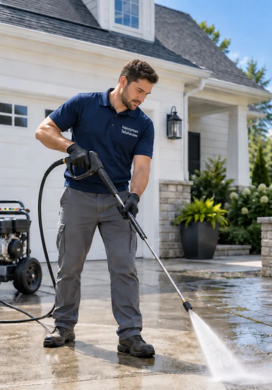 Handyman pressure washing an outdoor surface in Tallahassee