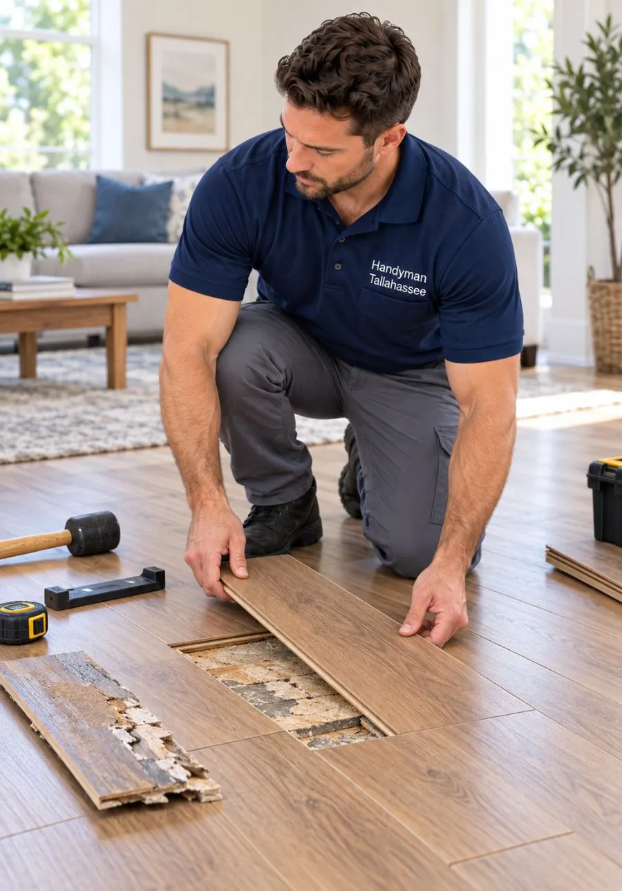 Handyman completing flooring repairs in Tallahassee